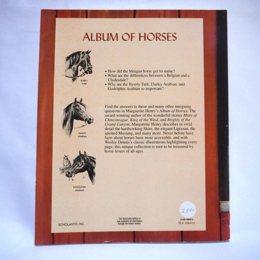 ALBUM OF HORSES, A Young Readers History of Horses Guide, by Marguerite Henry, Illustrations by Wesley Dennis (1994 1st Ed.)