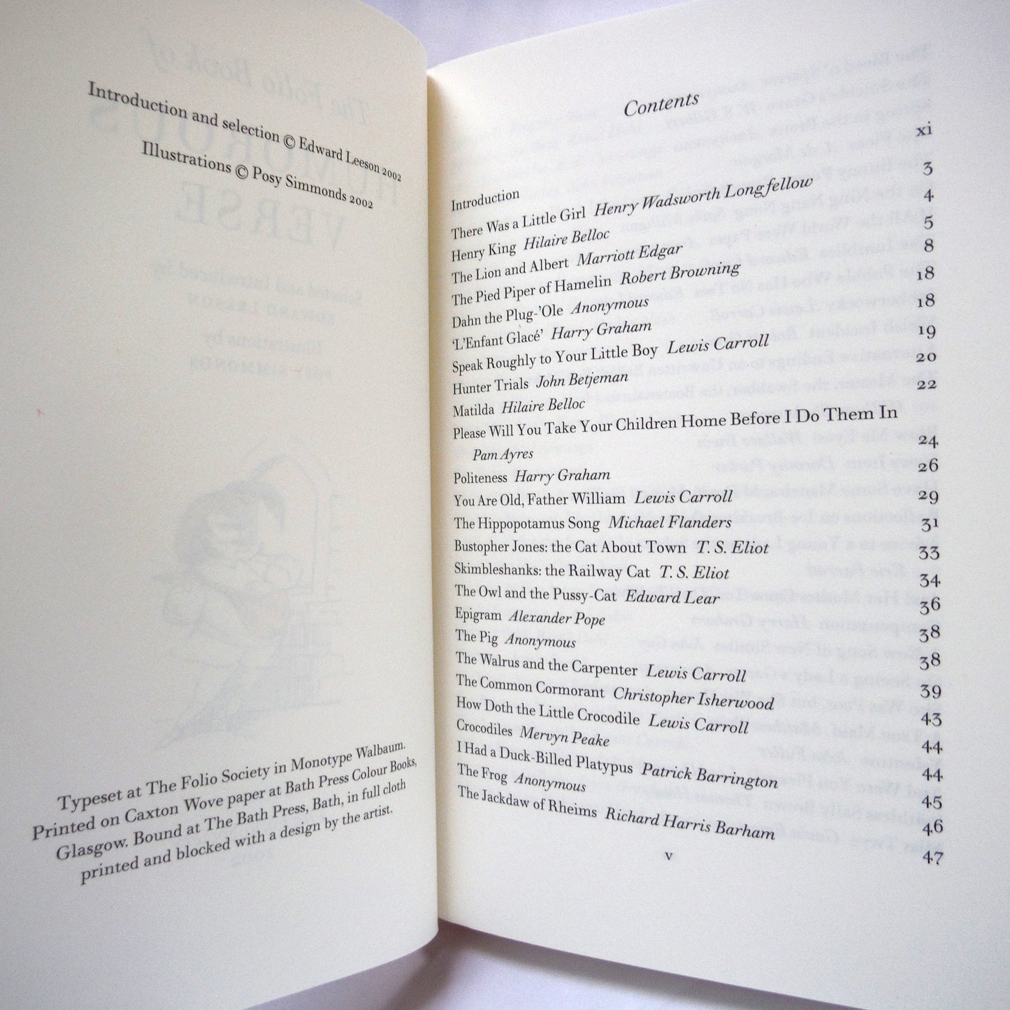 THE FOLIO BOOK OF HUMOROUS VERSE, Selected and Introduced by Edward Leeson, Illustrated by Posy Simmonds (2002 1st Ed.)