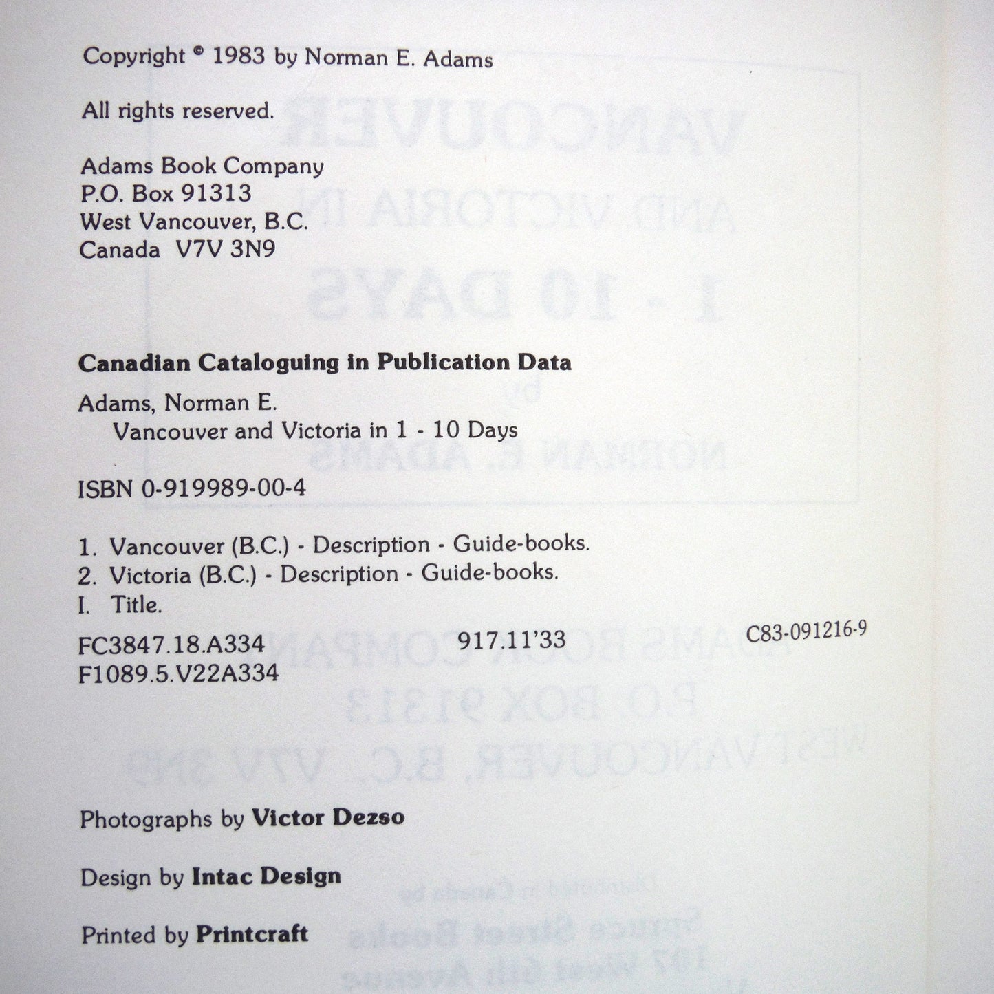 VANCOUVER AND VICTORIA IN 1-10 DAYS, A Rare Vintage Guide Book By Norman E. Adams (1983 1st Ed.)