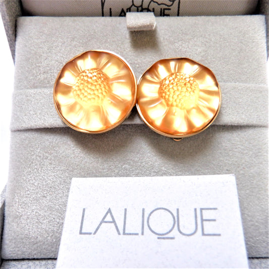 LALIQUE Opal Crystal MUGUET Series Clip-On Gold-Plated Earrings, Original Box & Certificate