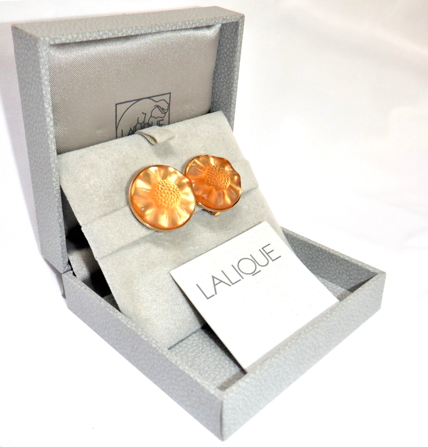 LALIQUE Opal Crystal MUGUET Series Clip-On Gold-Plated Earrings, Original Box & Certificate
