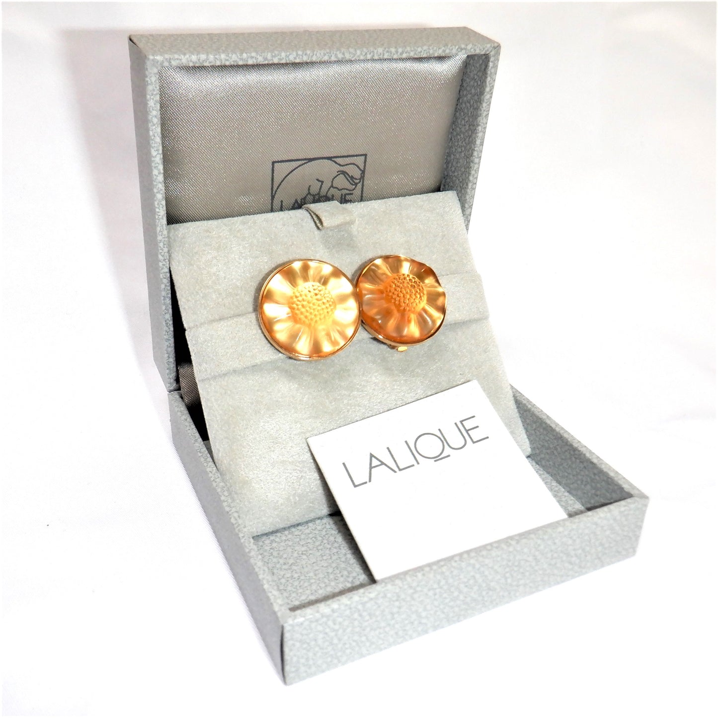 LALIQUE Opal Crystal MUGUET Series Clip-On Gold-Plated Earrings, Original Box & Certificate