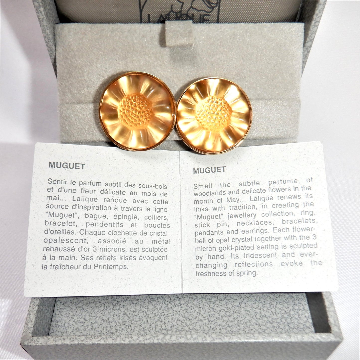 LALIQUE Opal Crystal MUGUET Series Clip-On Gold-Plated Earrings, Original Box & Certificate