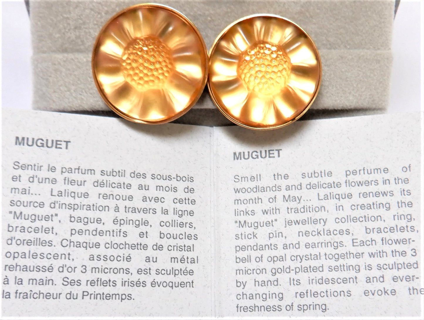 LALIQUE Opal Crystal MUGUET Series Clip-On Gold-Plated Earrings, Original Box & Certificate