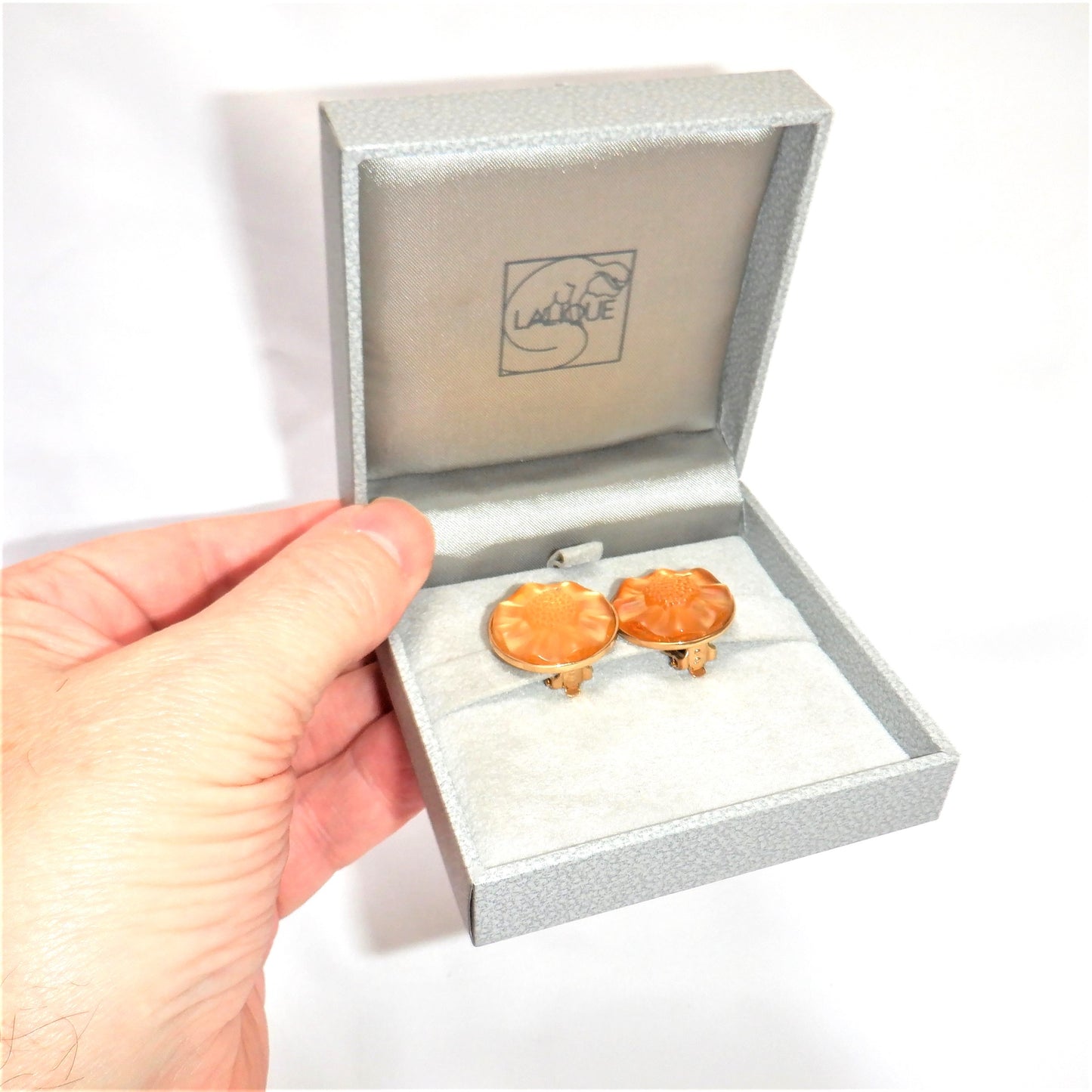 LALIQUE Opal Crystal MUGUET Series Clip-On Gold-Plated Earrings, Original Box & Certificate