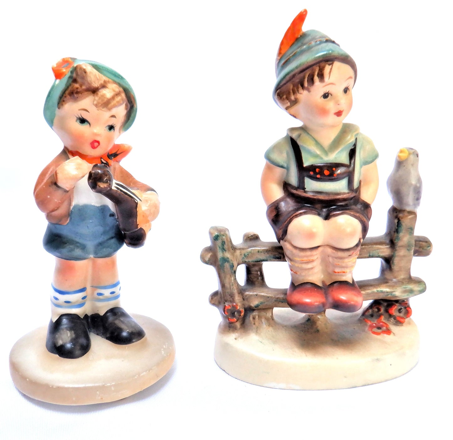BOY ON A FENCE, Vintage 1955 Statue by W. Goebel, and his 'Sweet Violin-Playing Companion'