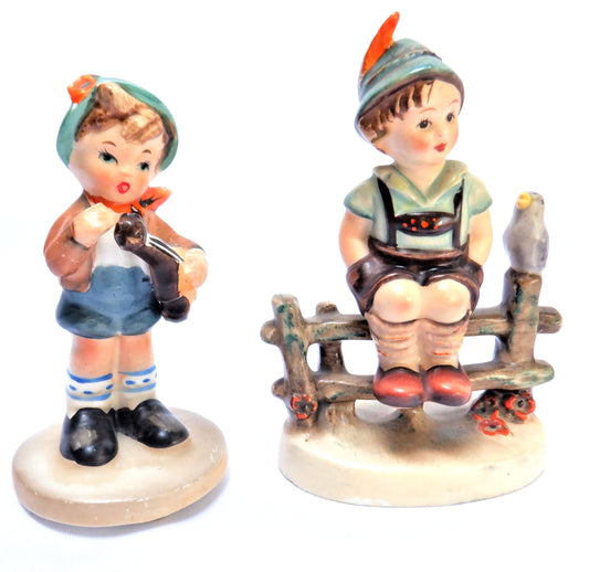 BOY ON A FENCE, Vintage 1955 Statue by W. Goebel, and his 'Sweet Violin-Playing Companion'
