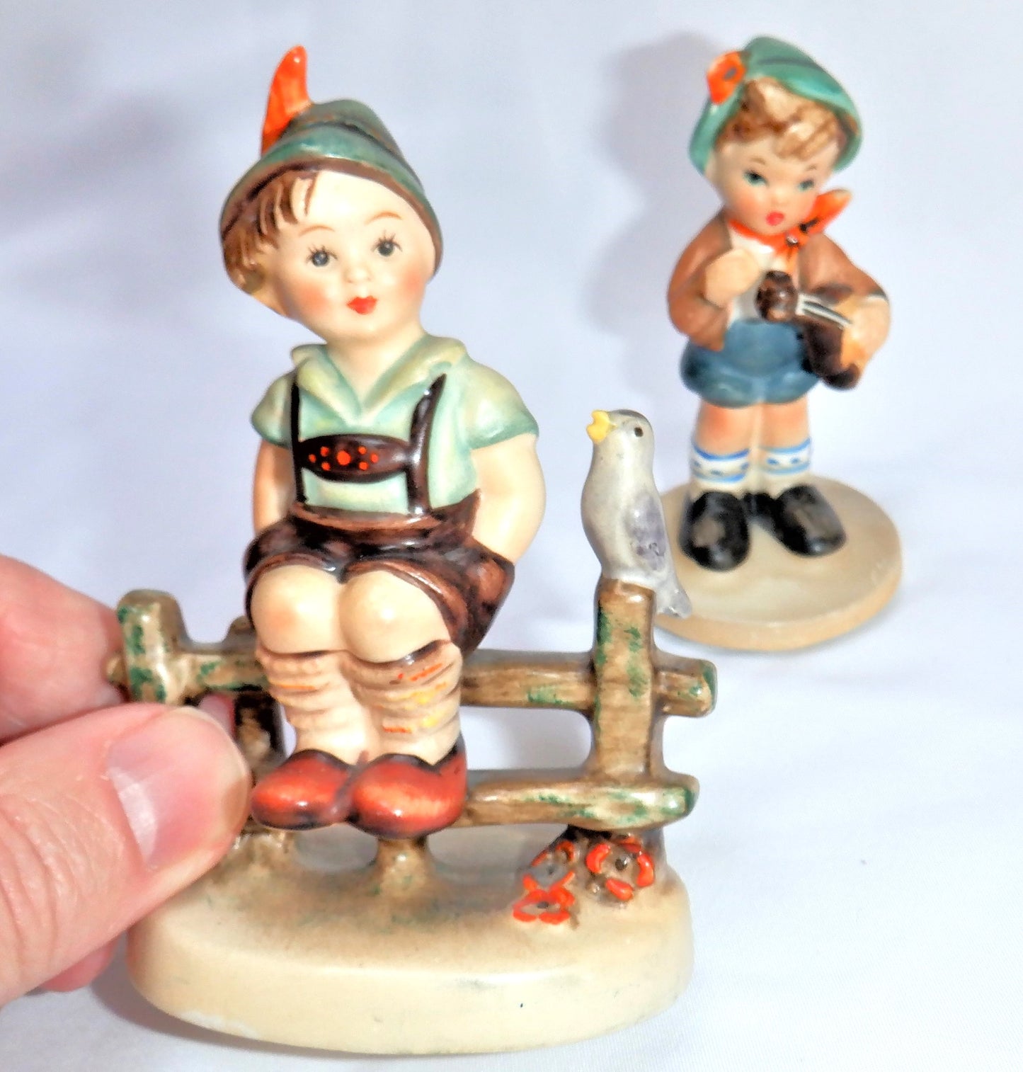 BOY ON A FENCE, Vintage 1955 Statue by W. Goebel, and his 'Sweet Violin-Playing Companion'