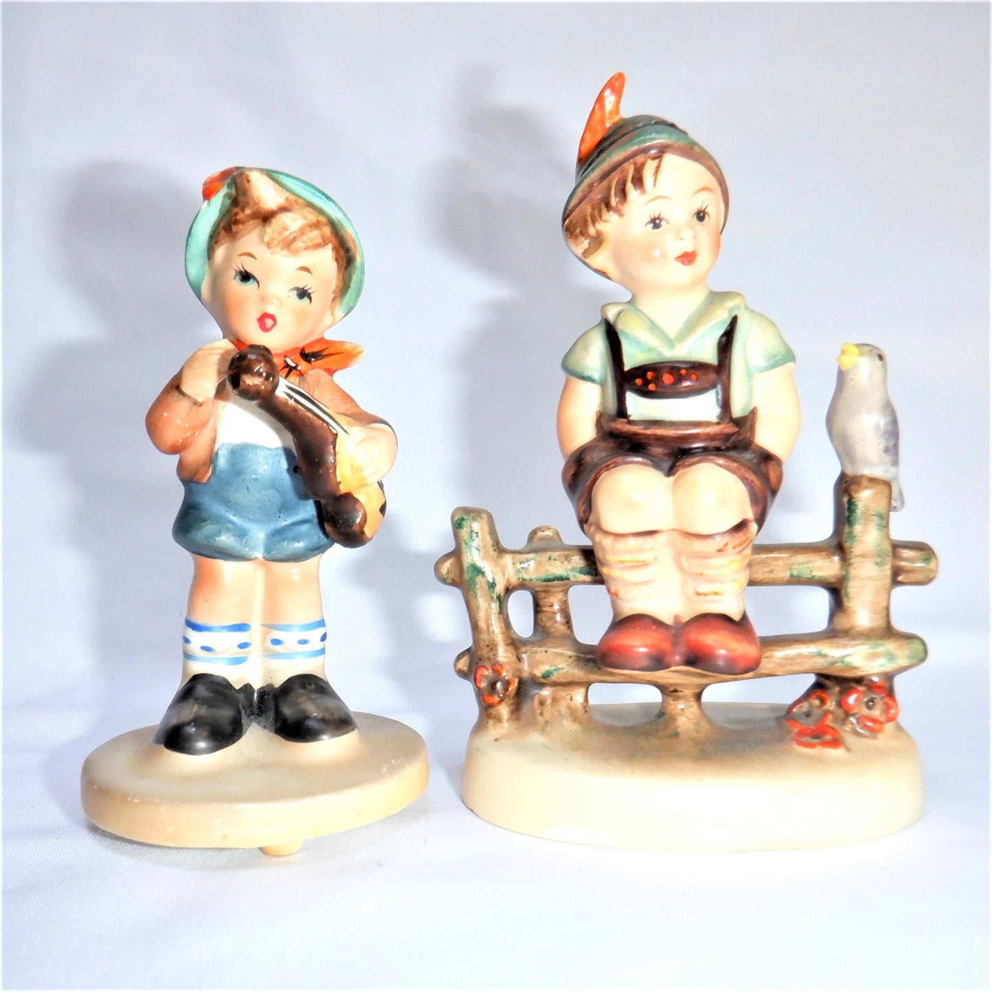 BOY ON A FENCE, Vintage 1955 Statue by W. Goebel, and his 'Sweet Violin-Playing Companion'