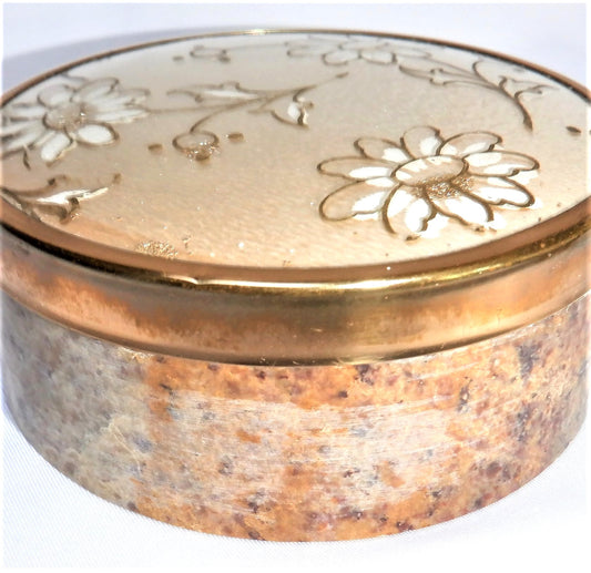 CARVED STONE TRINKET CONTAINER, with Metal-Trimmed Flowered Top, Made in India 1960's