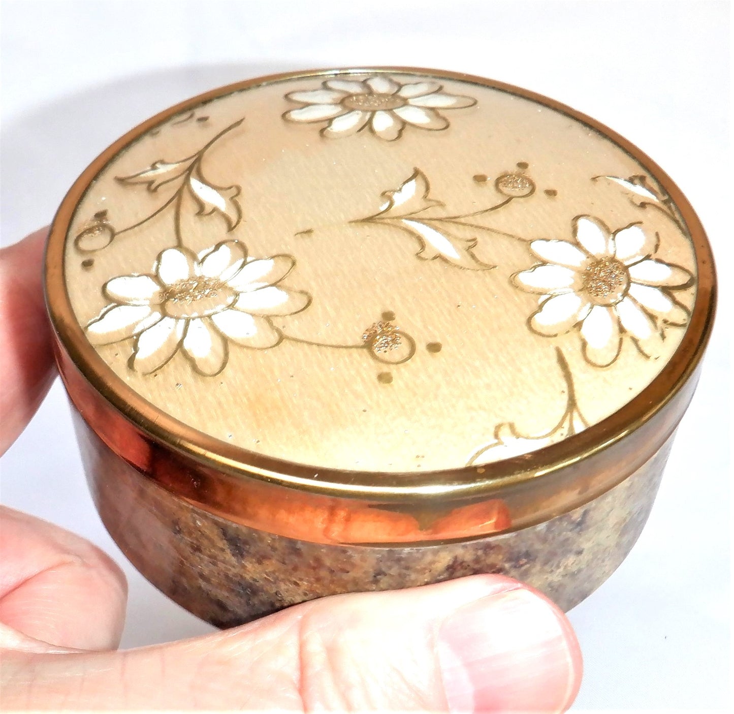 CARVED STONE TRINKET CONTAINER, with Metal-Trimmed Flowered Top, Made in India 1960's