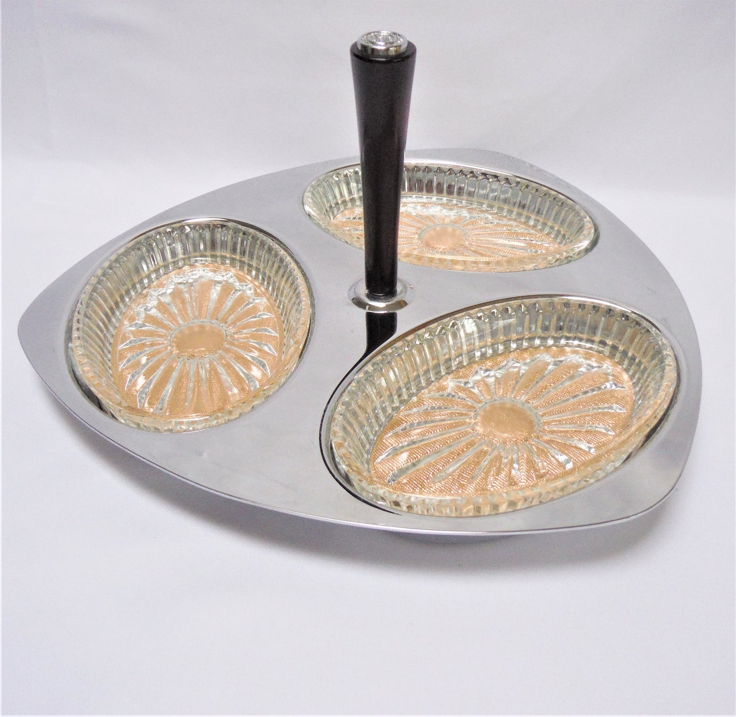 Vintage GLO-HILL CANADA 3 Section Chrome & Glass "Gourmates" Tray with Bakelite Handle, 1970’s