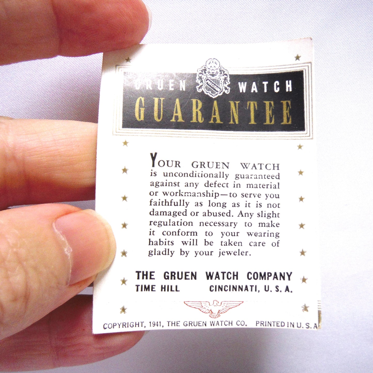 GRUEN Veri-Thin Ladies Gold Wrist Watch, in Original Night Blue Velvet Box with warranty paper, 1940’s