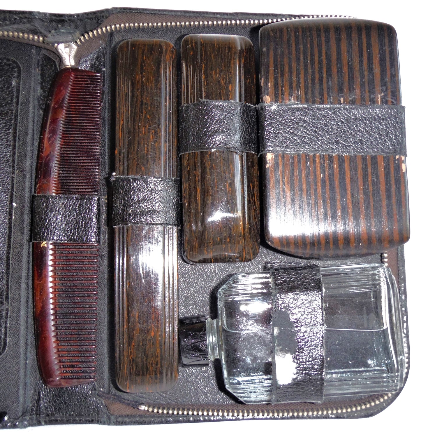 MID-CENTURY TRAVEL VANITY KIT: 10-piece Vintage Black Zippered Leather Case