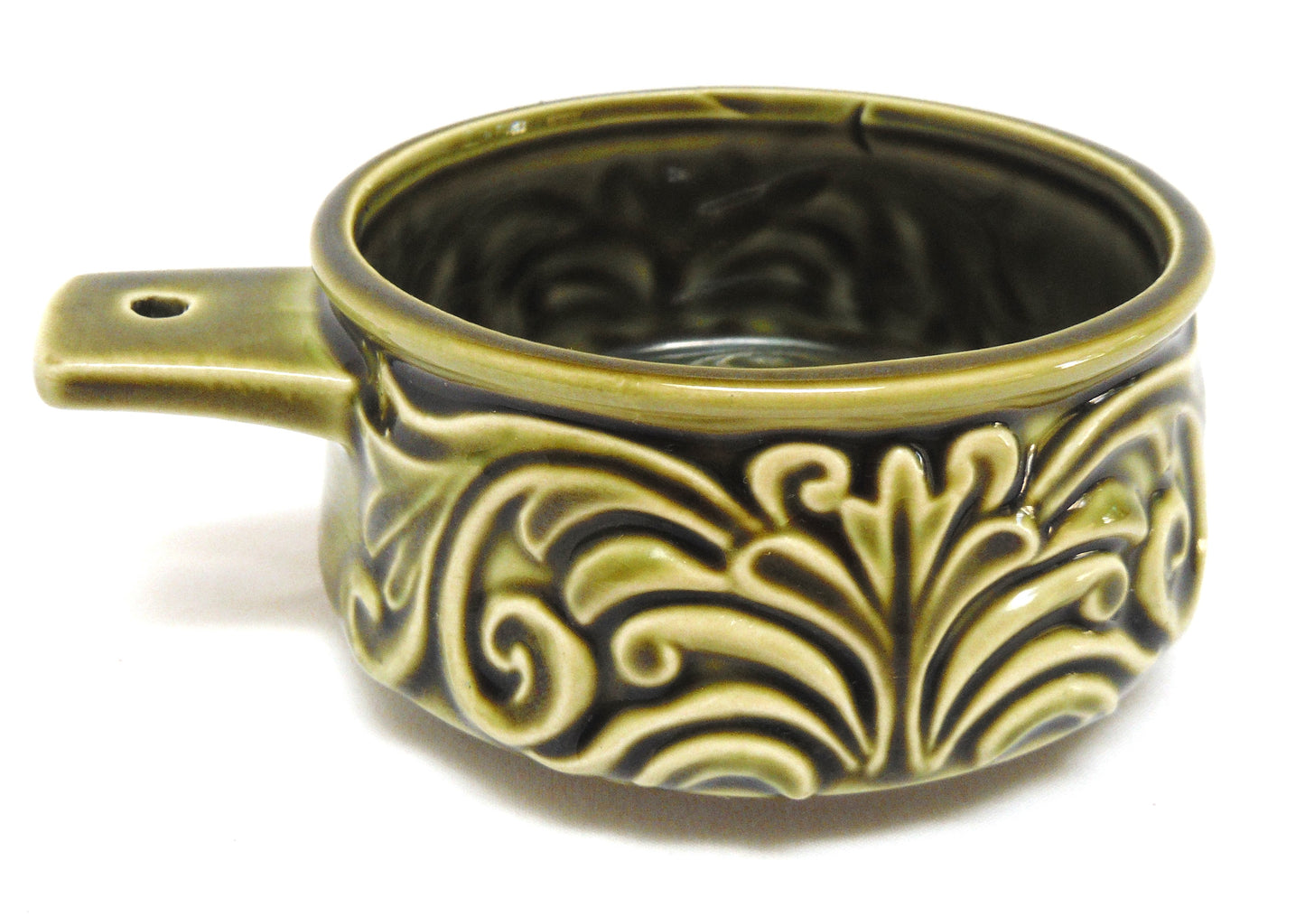 Vintage Round 4.5 inch SOUP BOWL with handle: 'GREEN ONION' Made in Japan