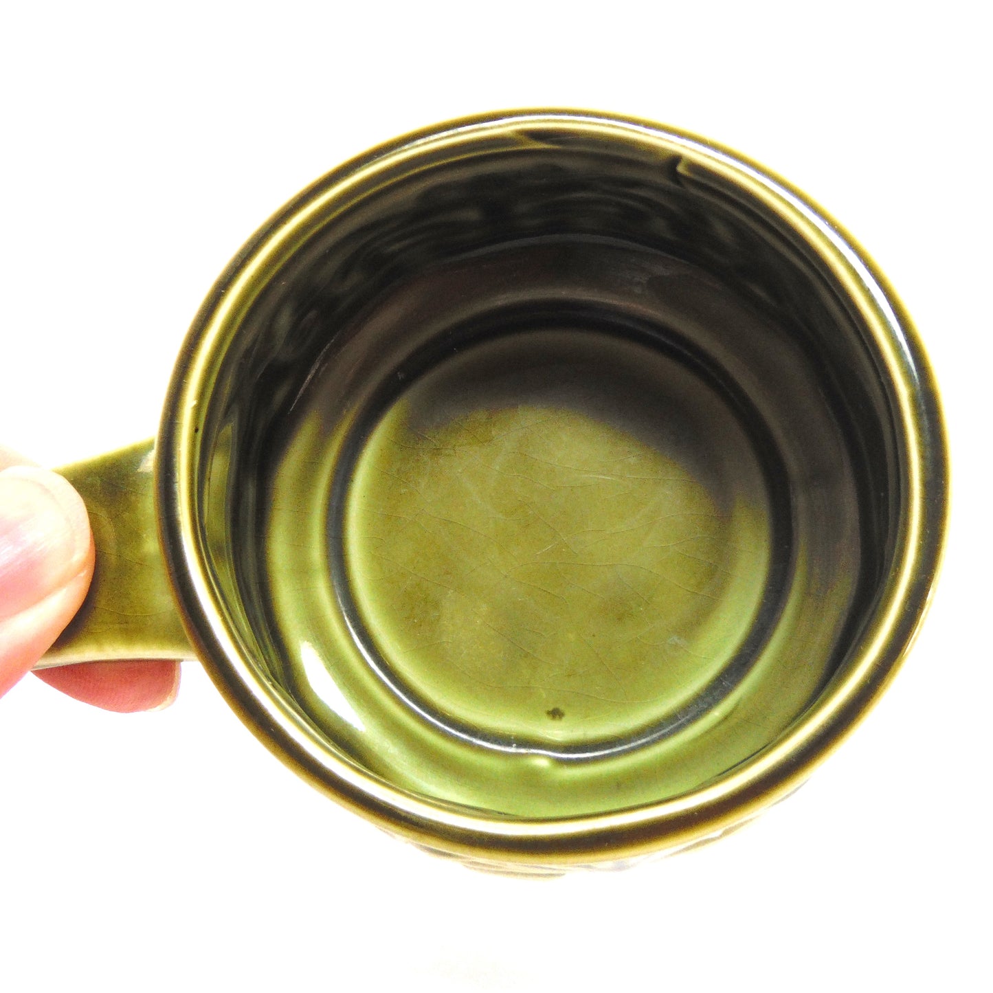 Vintage Round 4.5 inch SOUP BOWL with handle: 'GREEN ONION' Made in Japan