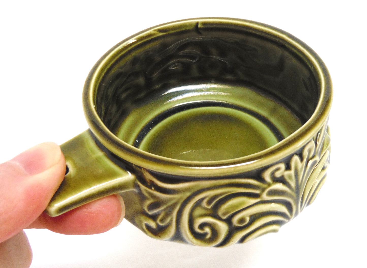 Vintage Round 4.5 inch SOUP BOWL with handle: 'GREEN ONION' Made in Japan