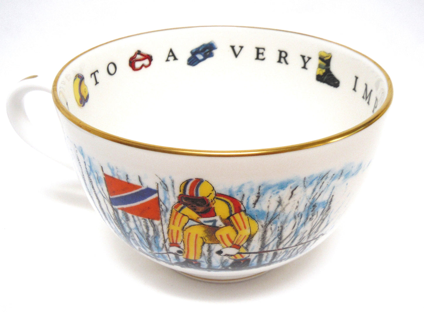 LARGE HOT CHOCOLATE SKIING MUG AND SAUCER: "To A Very Important Person" by Royal Worcester. Made in England