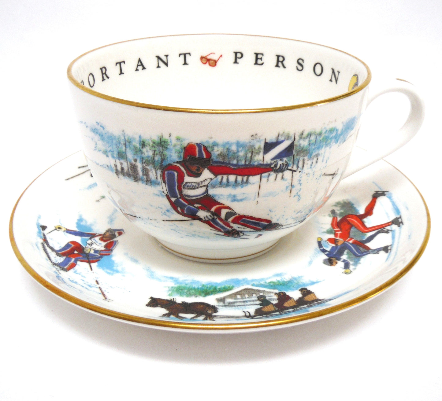 LARGE HOT CHOCOLATE SKIING MUG AND SAUCER: "To A Very Important Person" by Royal Worcester. Made in England
