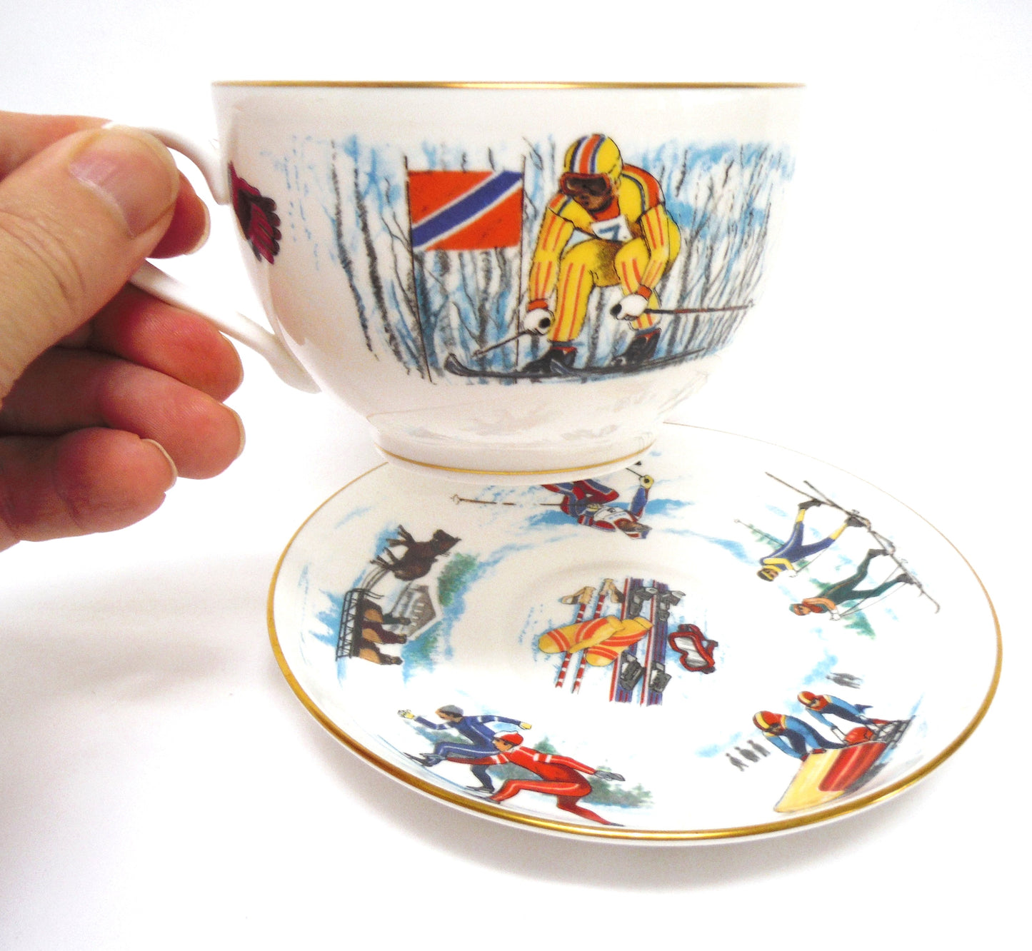 LARGE HOT CHOCOLATE SKIING MUG AND SAUCER: "To A Very Important Person" by Royal Worcester. Made in England