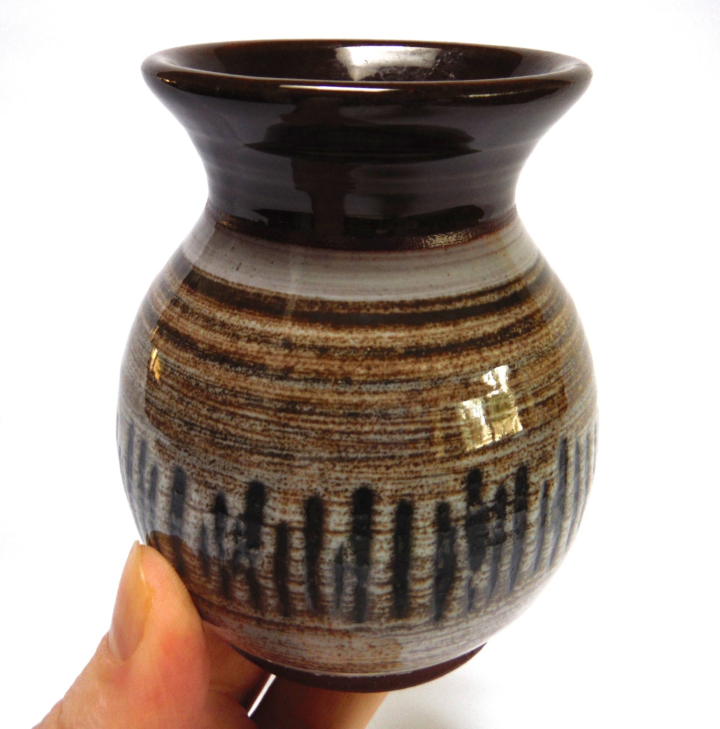 Vintage Miniature Vase, Brown and Beige Glazed with Artist Signature