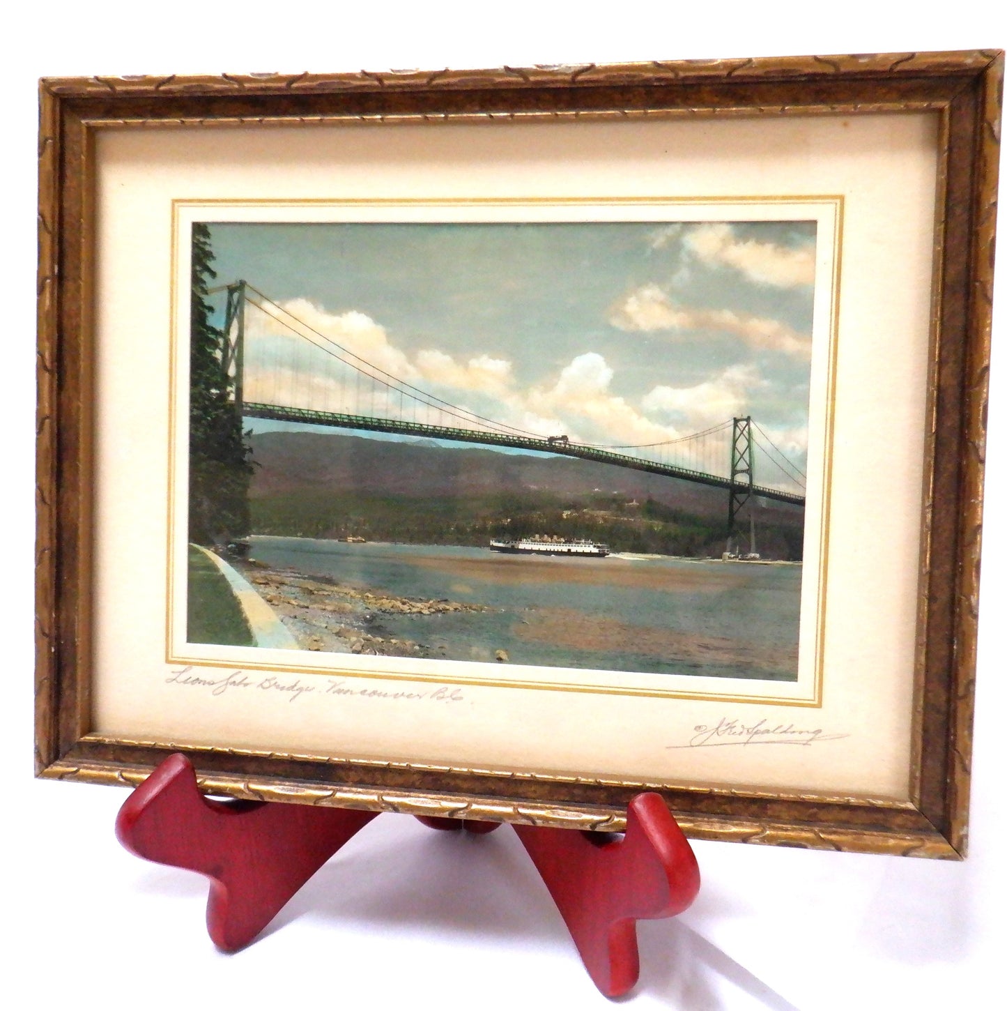 THE LIONS GATE BRIDGE, Vancouver BC, Antique Hand-Tinted Black & White Photograph by A.J. Fred Spalding