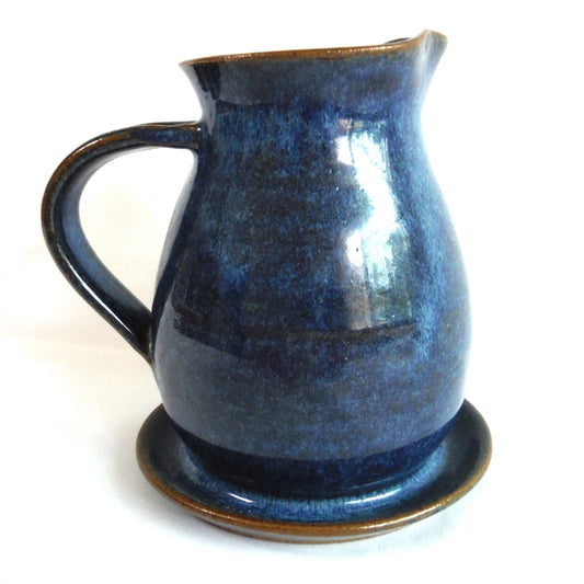 ARTIST SIGNED STUDIO POTTERY: Fish Motif Gravy or Sauce Blue Mini Pitcher with Built-in-Saucer…ingenious!