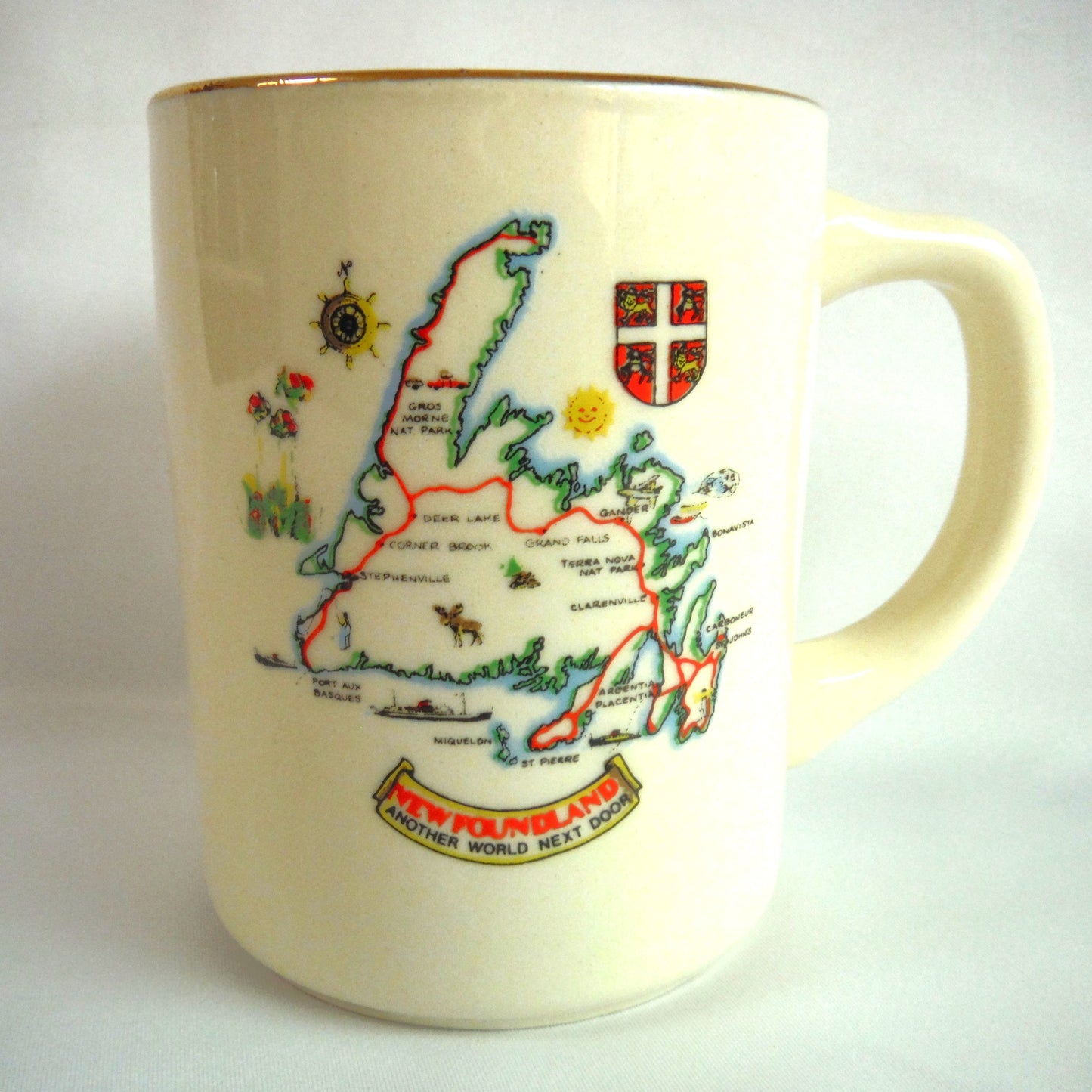 1970's NEWFOUNDLAND PROVINCIAL MUG: Another World Next Door 22K Gold-Rimmed Coffee Cup with Map!