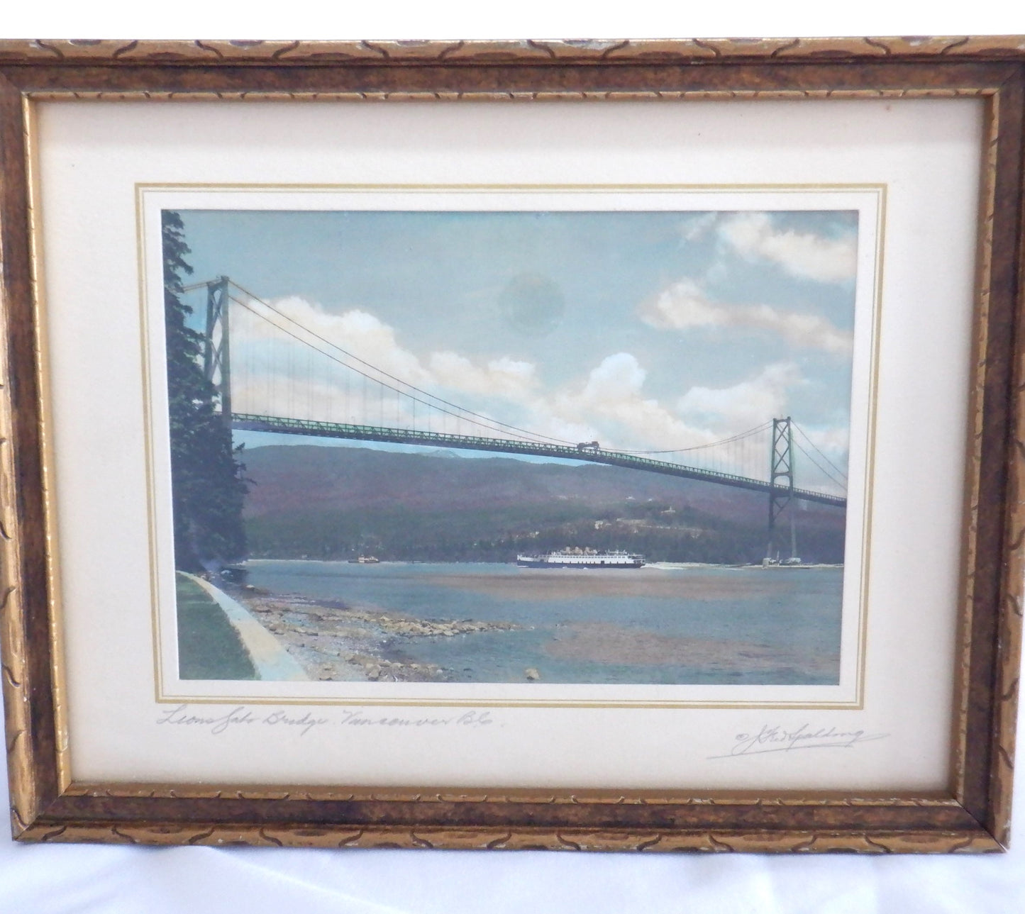 THE LIONS GATE BRIDGE, Vancouver BC, Antique Hand-Tinted Black & White Photograph by A.J. Fred Spalding