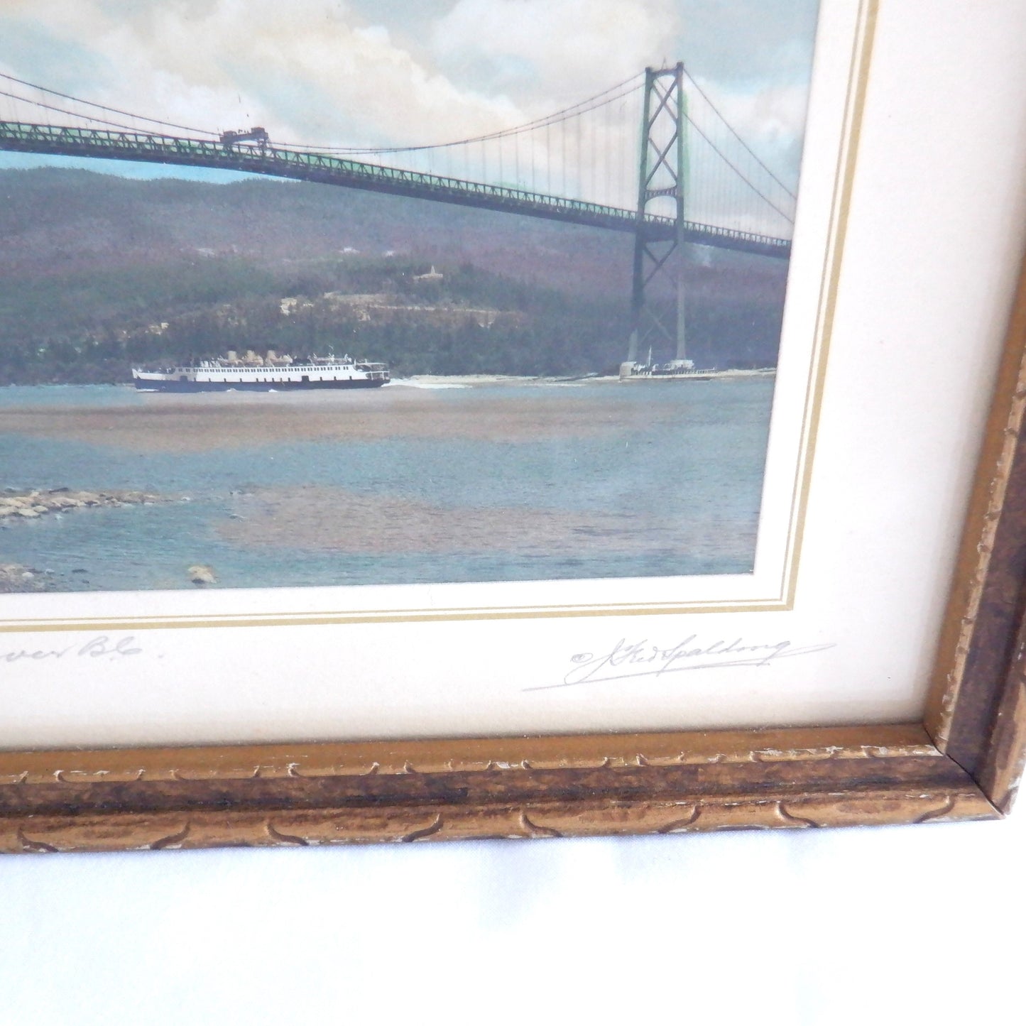 THE LIONS GATE BRIDGE, Vancouver BC, Antique Hand-Tinted Black & White Photograph by A.J. Fred Spalding