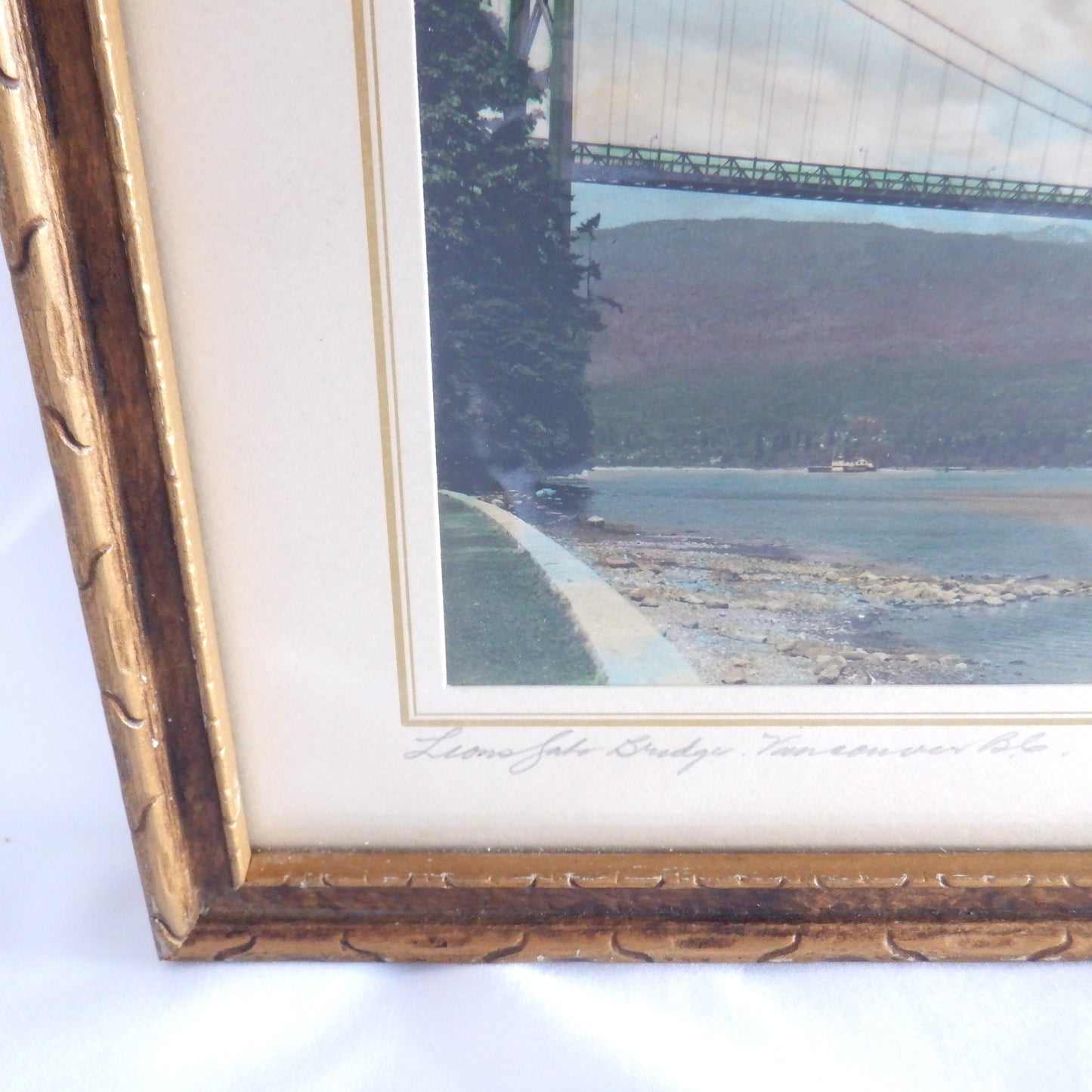THE LIONS GATE BRIDGE, Vancouver BC, Antique Hand-Tinted Black & White Photograph by A.J. Fred Spalding