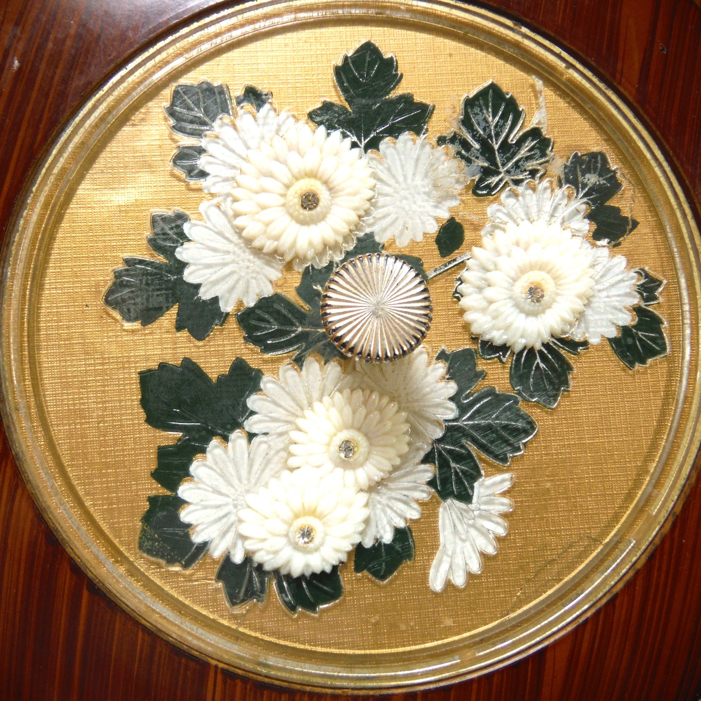 Vintage Art Deco Style 1930's BAKELITE-STYLE LIDDED STORAGE CONTAINER with Inlaid Four-Jewelled Flower Design