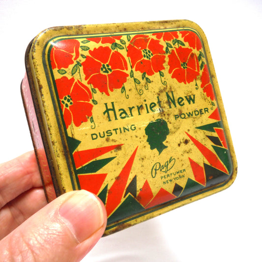 AUTHENTIC ANTIQUE ART DECO TIN CONTAINER: HARRIET NEW Dusting Powder, by Page Perfumer of New York, 1930's