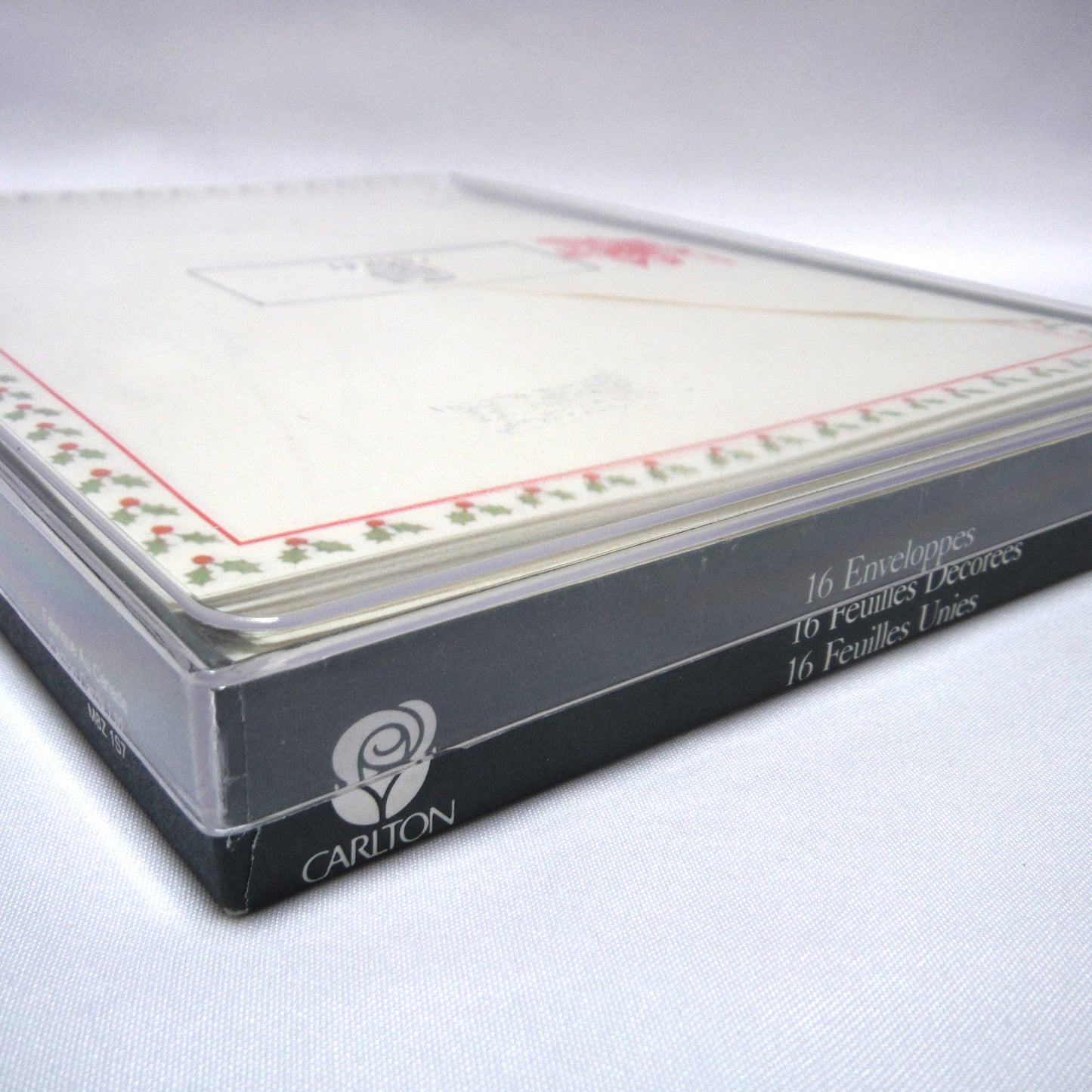 VINTAGE WRITING SET BY CARLTON CARDS CANADA: 'Christmas Holly Trim, Gift Boxed 16 each decorated sheets, plain sheets and envelopes