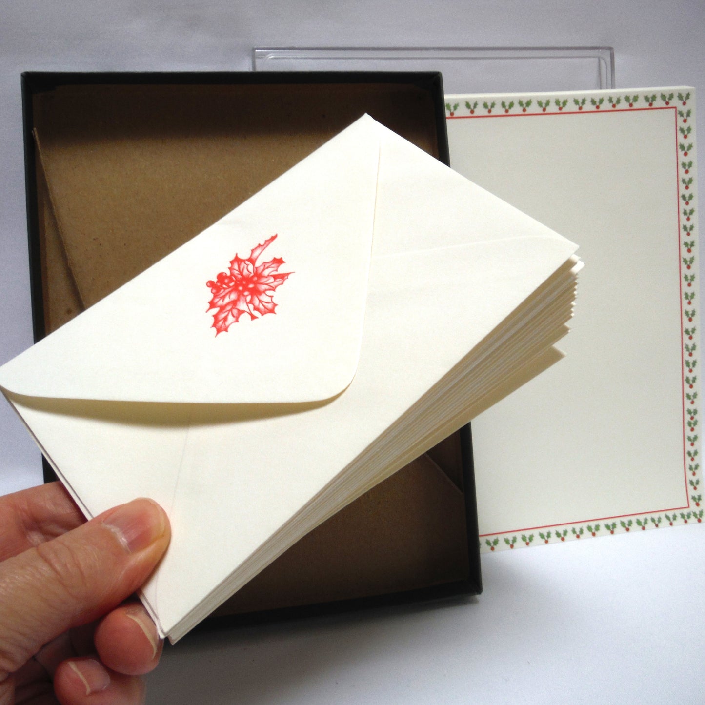 VINTAGE WRITING SET BY CARLTON CARDS CANADA: 'Christmas Holly Trim, Gift Boxed 16 each decorated sheets, plain sheets and envelopes