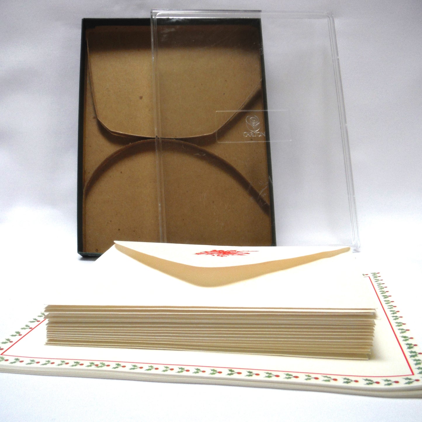 VINTAGE WRITING SET BY CARLTON CARDS CANADA: 'Christmas Holly Trim, Gift Boxed 16 each decorated sheets, plain sheets and envelopes