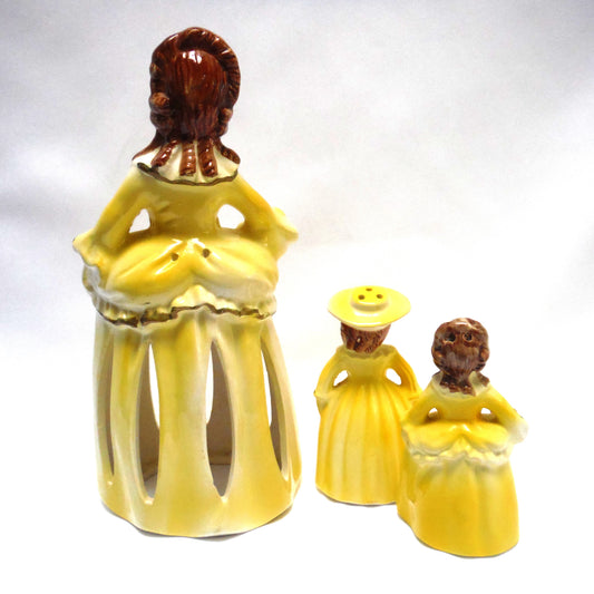 VINTAGE YELLOW NAPKIN HOLDER, SALT, & PEPPER SHAKER: 'Victorian Lady & The Daughters' 3-Piece Dinner Table Set