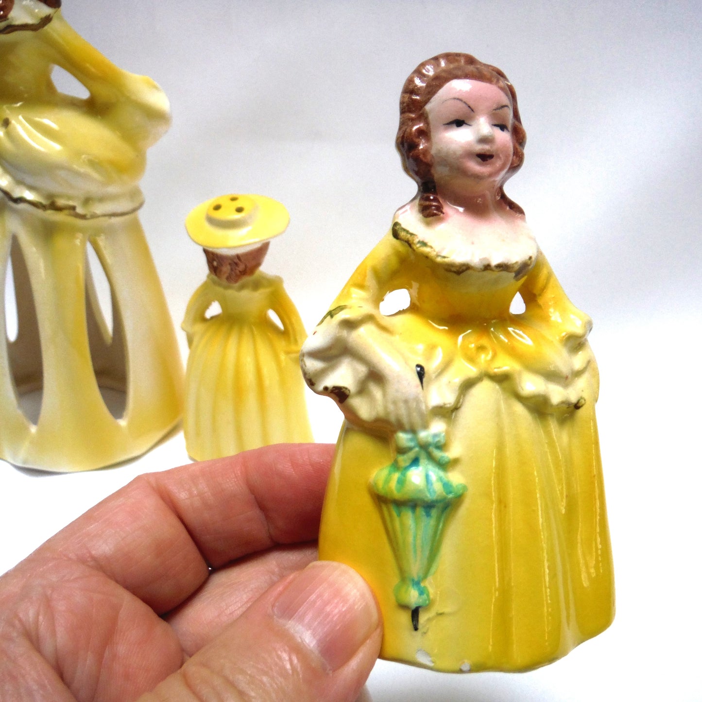 VINTAGE YELLOW NAPKIN HOLDER, SALT, PEPPER SHAKER: 'Victorian Lady & The Daughters' 3-PC Set