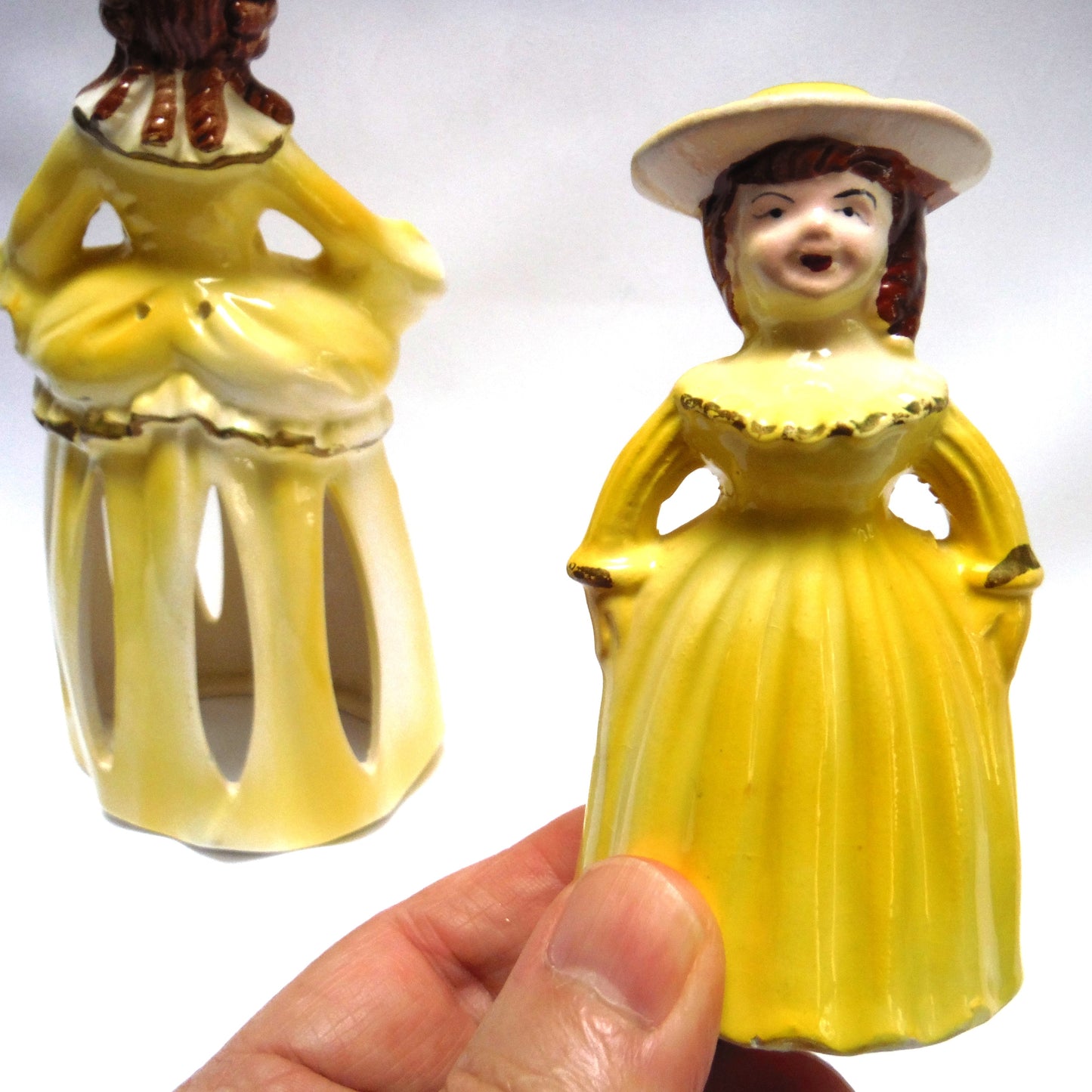 VINTAGE YELLOW NAPKIN HOLDER, SALT, PEPPER SHAKER: 'Victorian Lady & The Daughters' 3-PC Set