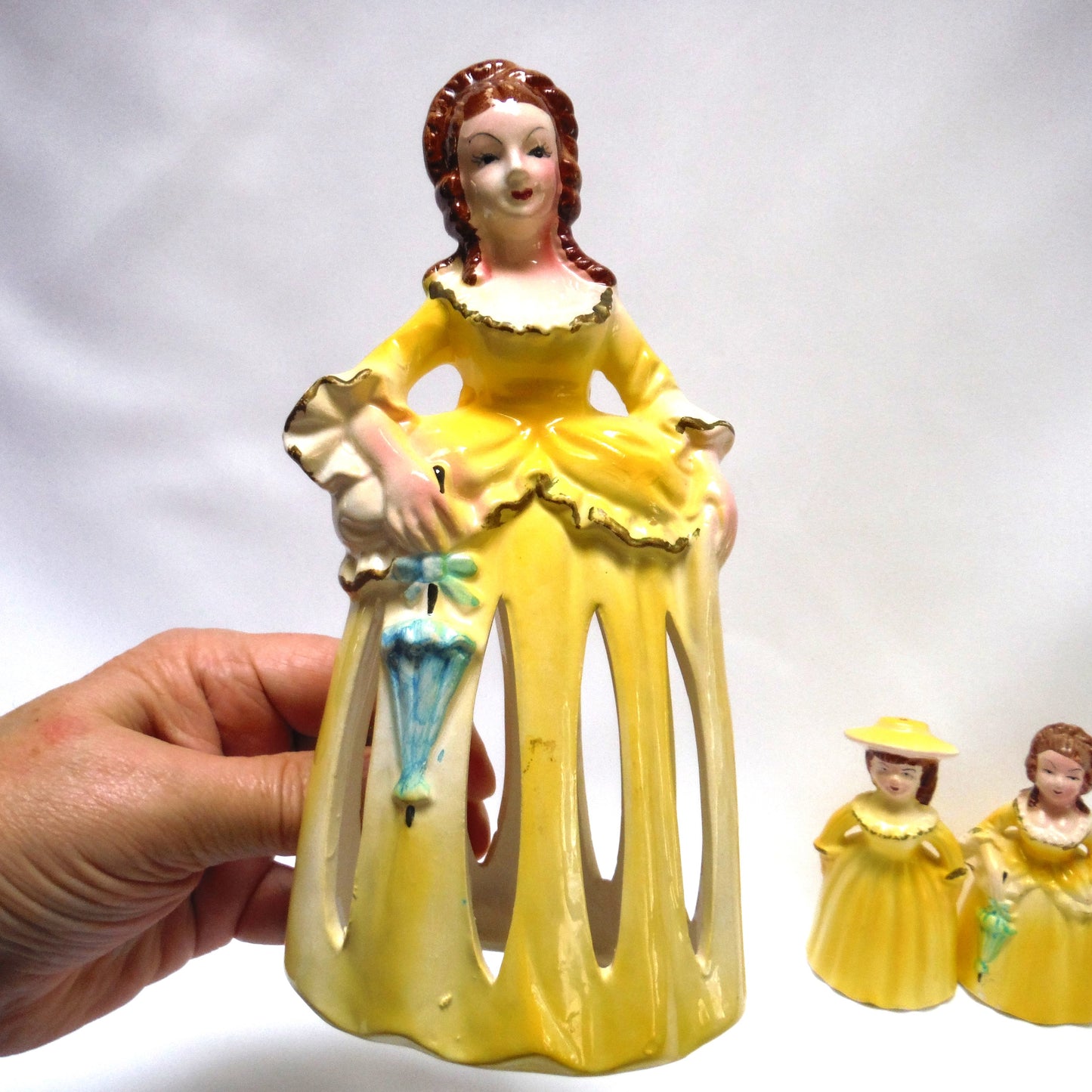 VINTAGE YELLOW NAPKIN HOLDER, SALT, PEPPER SHAKER: 'Victorian Lady & The Daughters' 3-PC Set
