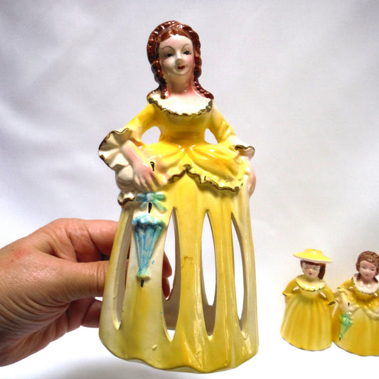 VINTAGE YELLOW TABLE 4-SLOT NAPKIN HOLDER, PLUS MATCHING SALT, & PEPPER SHAKER: 'Victorian Lady & The Daughters' 3-Piece Dinner Table Set