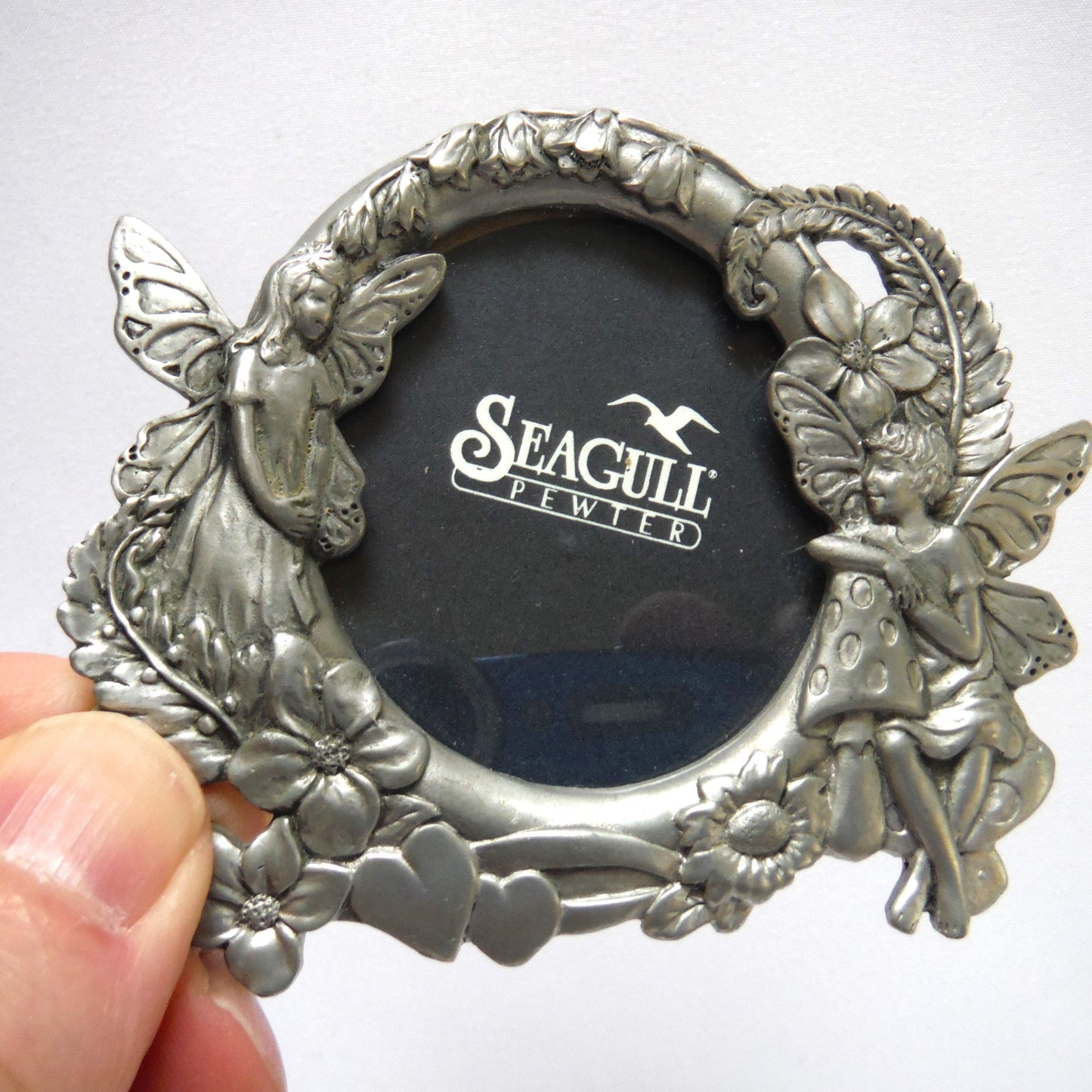 MINI PEWTER FRAME by Seagull Pewter Products of Nova Scotia Canada: 'BOY & GIRL GARDEN FAIRIES'