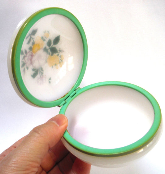 Vintage 1960's Round Celluloid Trinket Box with Hinged-Lid: 'PINK AND YELLOW BOUQUET'