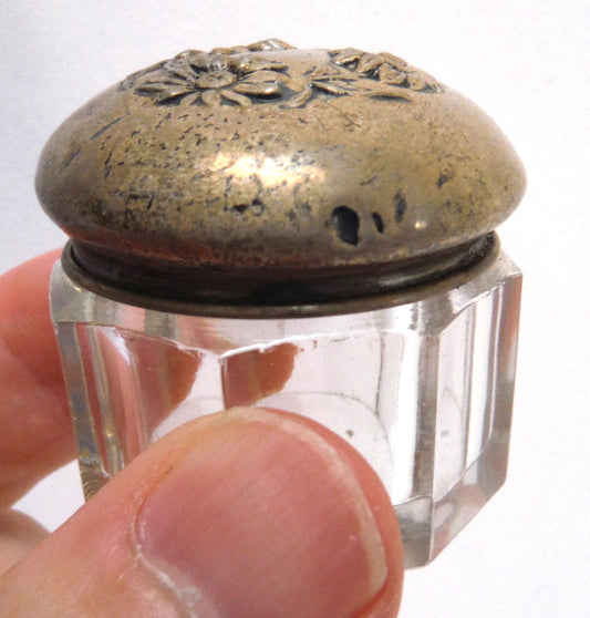 ANTIQUE MINIATURE ROUGE POT, in Sterling Silver with Clear Glass Base