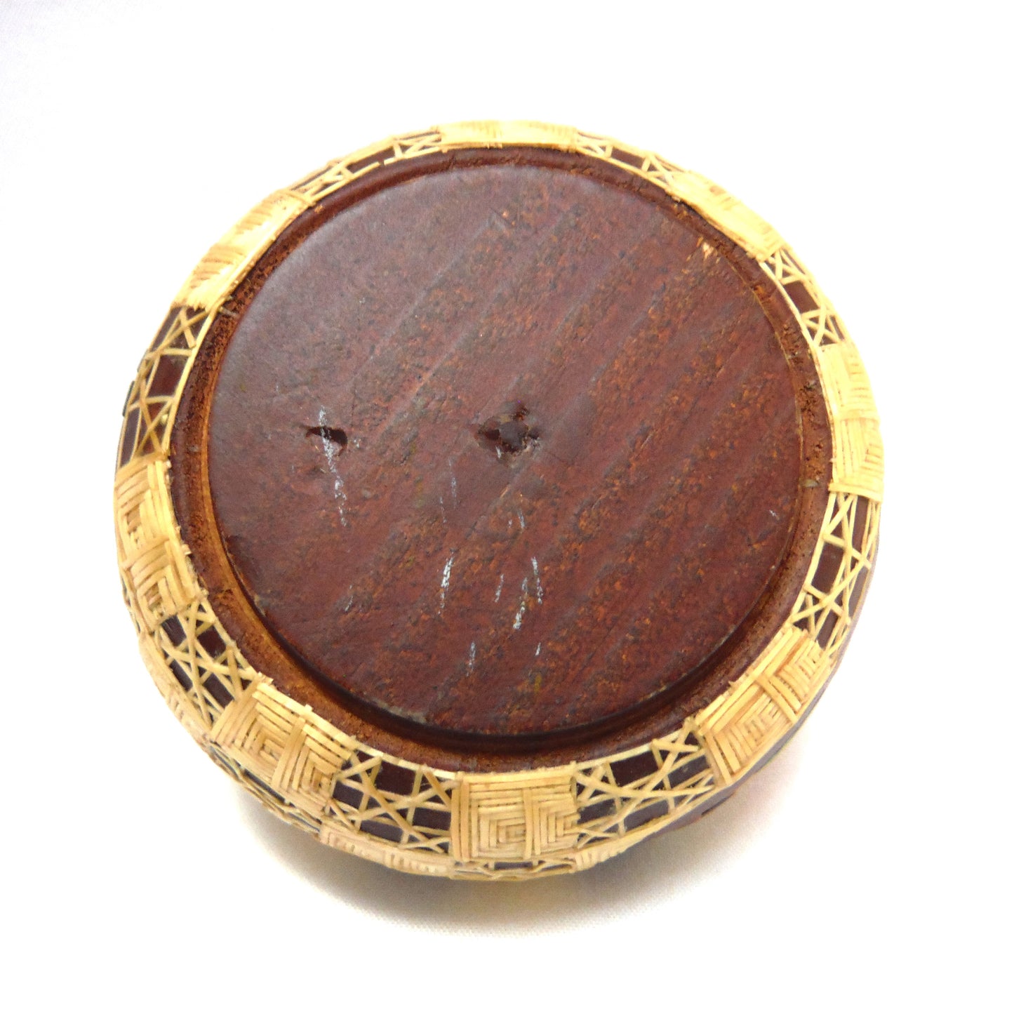 Vintage Handmade Round Wooden Trinket Bowl, with inlaid Village Scene