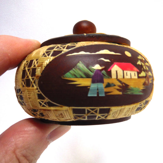 Vintage Handmade Round Wooden Trinket Bowl, with inlaid Village Scene
