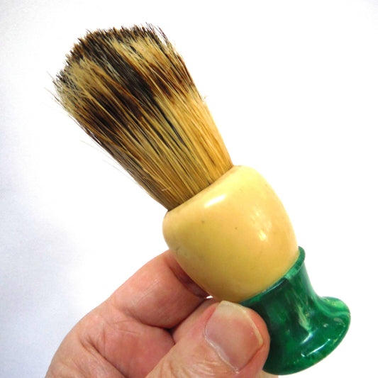 VINTAGE T.S. SIMMS LATHER BRUSH, in Taupe Finish with a Beautiful Green Bakelite Handle
