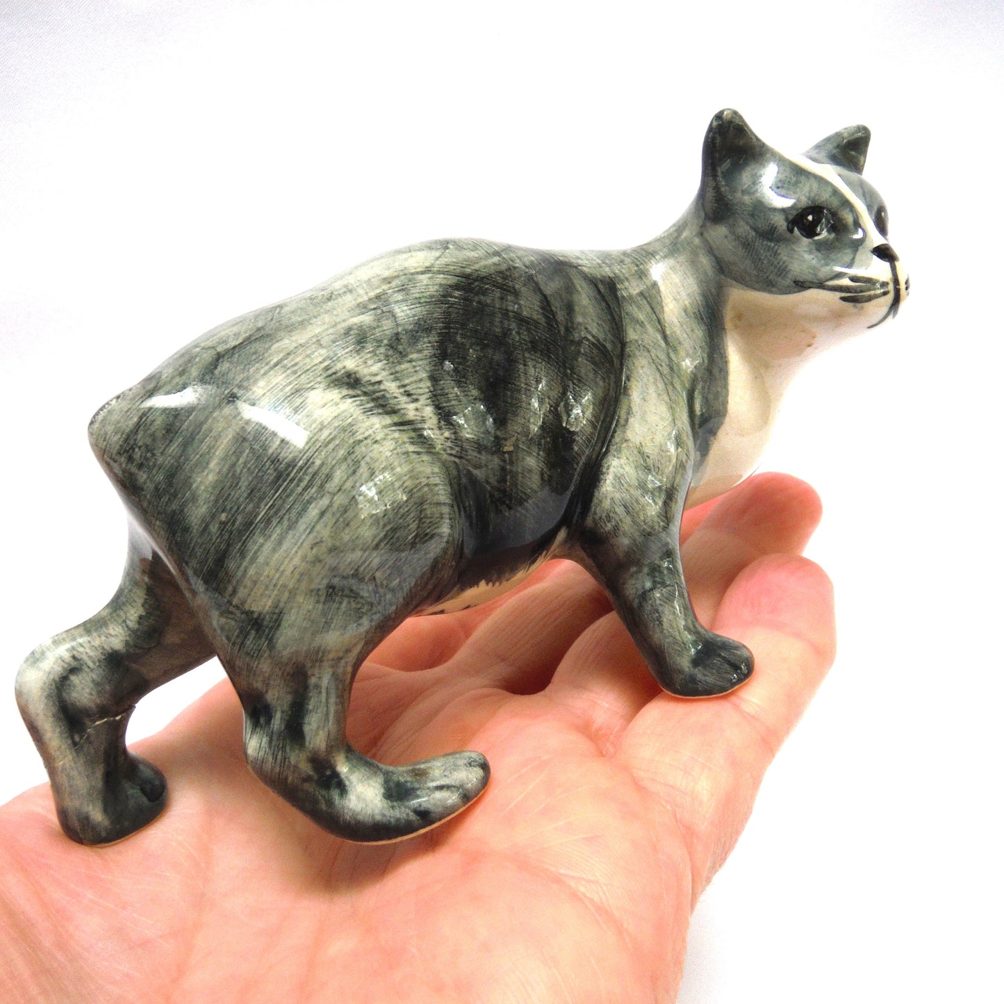 Vintage Isle Of Man Rushton Hand-painted and Signed Ceramic Pottery: 'Grey And White Manx Cat'