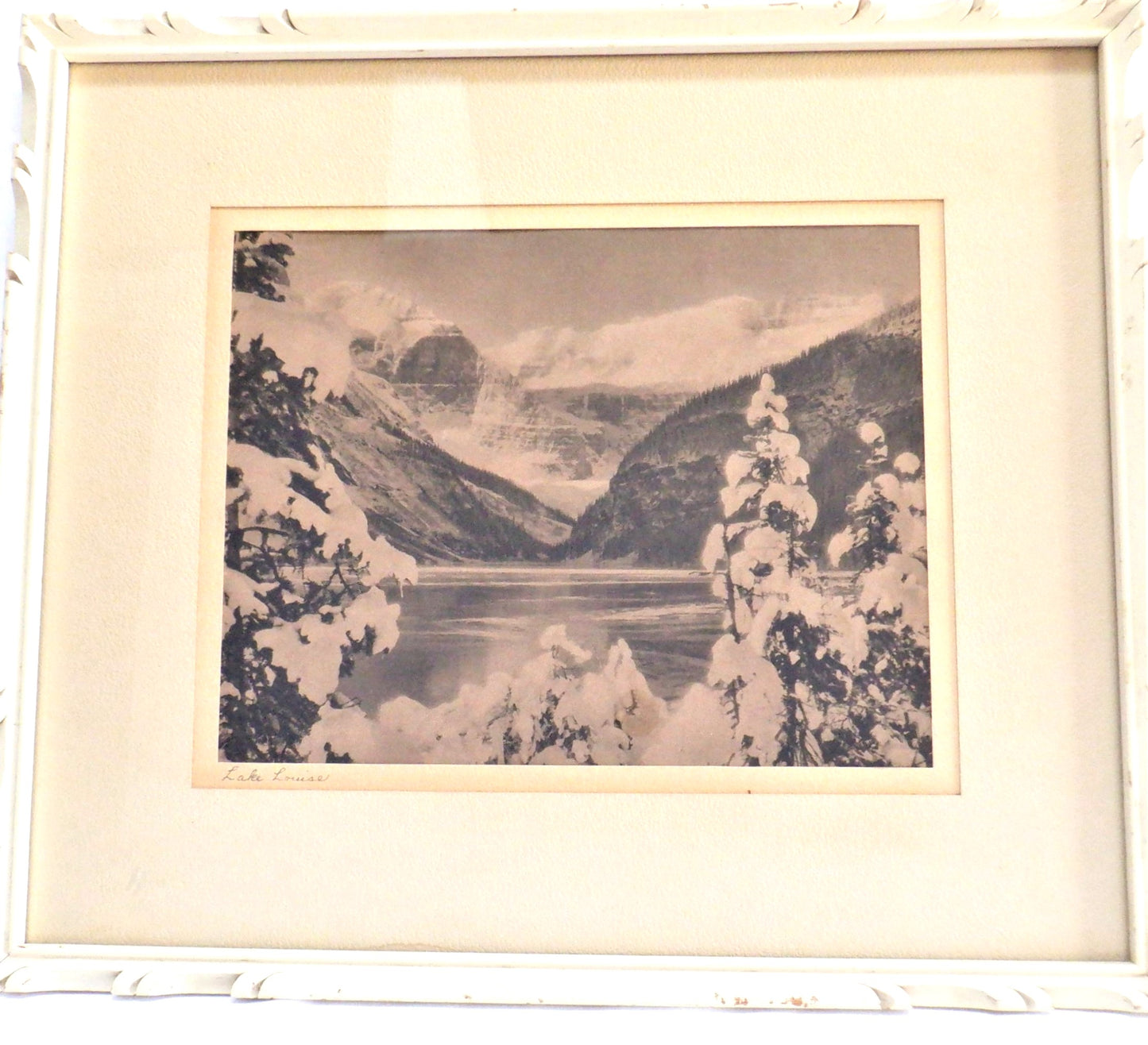 Antique Black & White Sepia-Toned Alberta Photo: SNOW CAPPED MOUNTAINS OF LAKE LOUISE