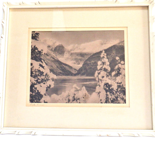 Antique Black & White Sepia-Toned Alberta Photo: SNOW CAPPED MOUNTAINS OF LAKE LOUISE